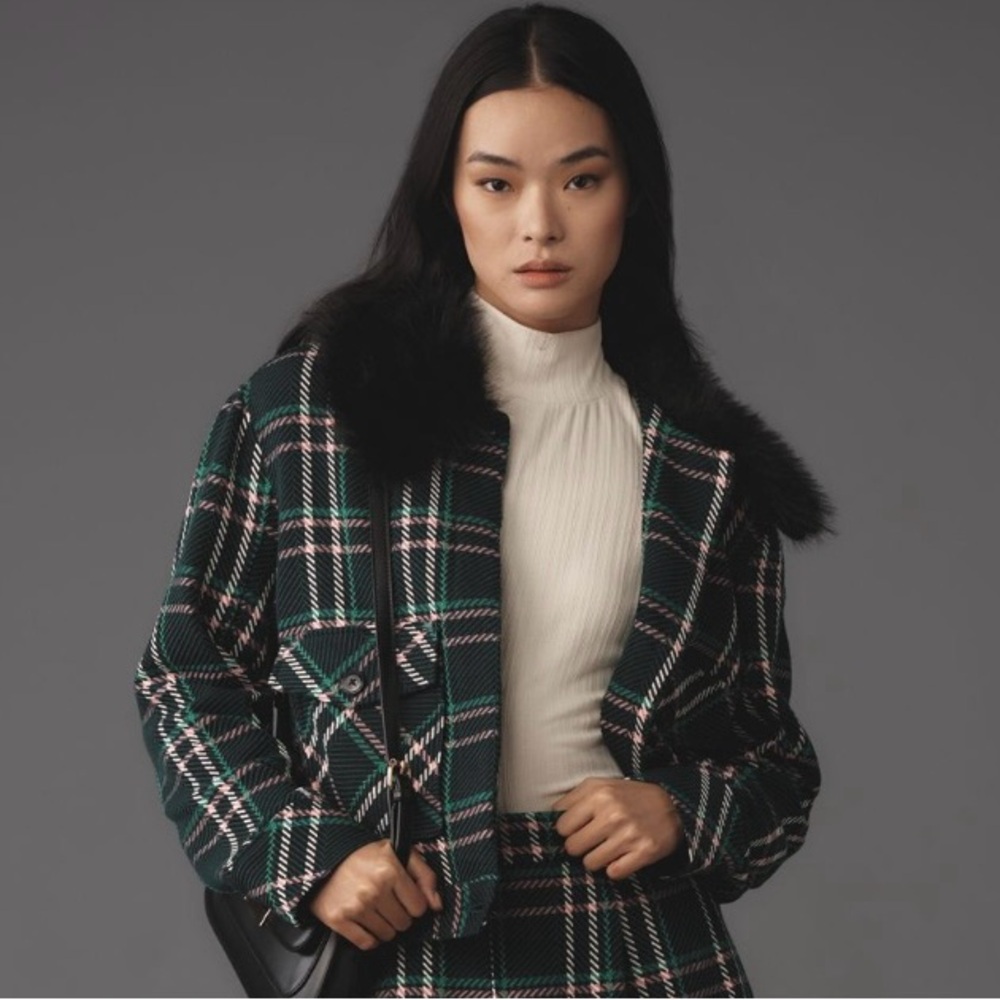 NEW Anthropologie Plaid Faux Fur Coat Size Large